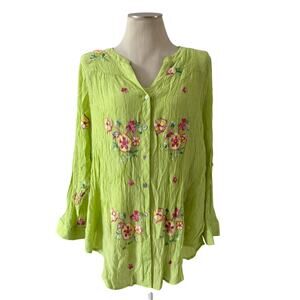 Gauzy Green Floral Embroidered Blouse Plus Size 2X Boho Artsy Art to Wear Fairy